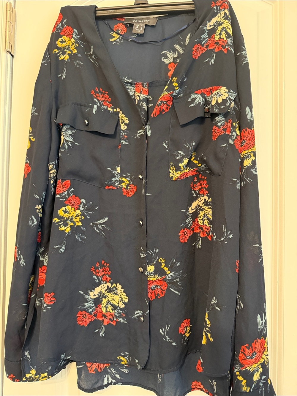 Primark Navy Floral Button-Front Shirt with Red & Yellow Blooms